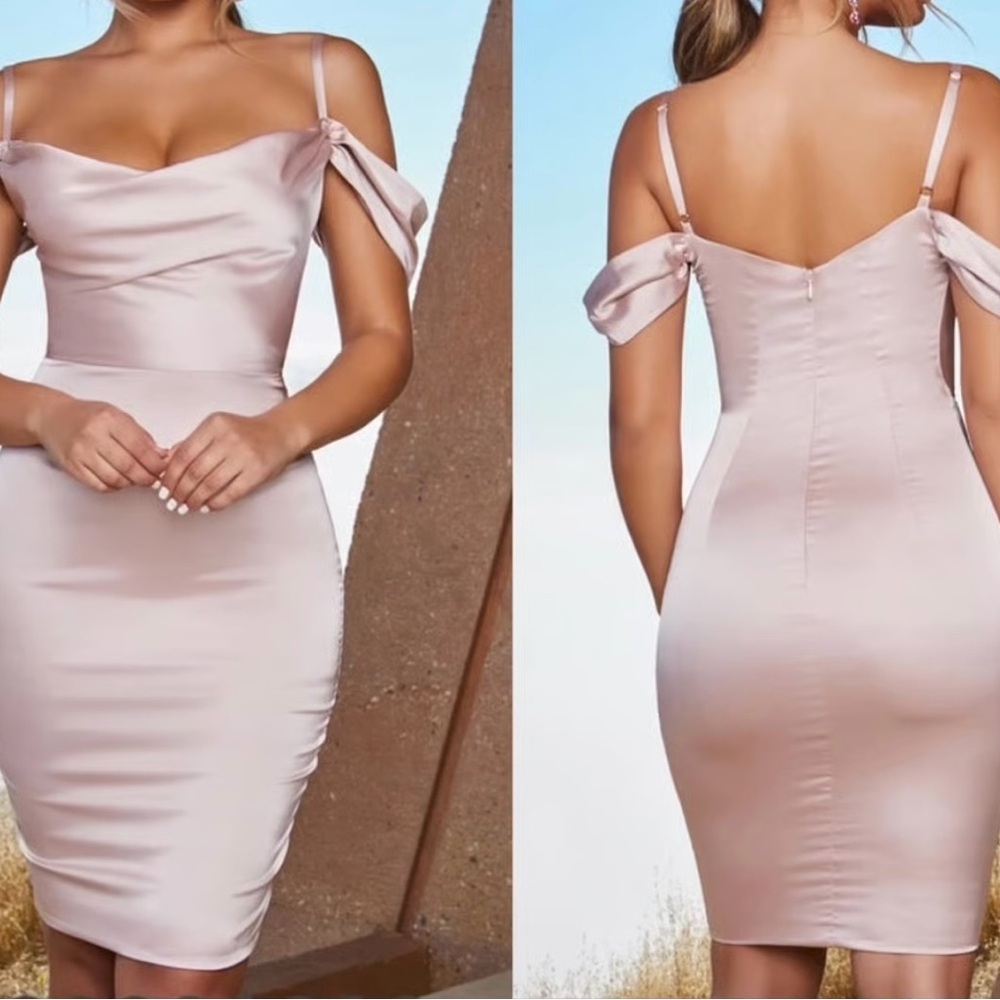 Oh Polly Dress 
Satin Cowl Neck Knee Length Dress in Blush
Size: US 8